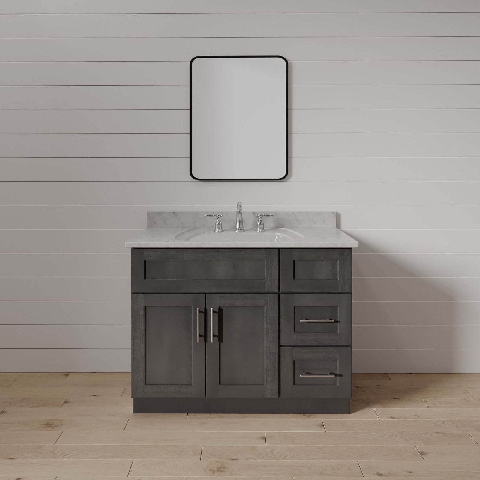 36 Inch Gray Stained Shaker Single Sink Bathroom Vanity with Drawers on the Right