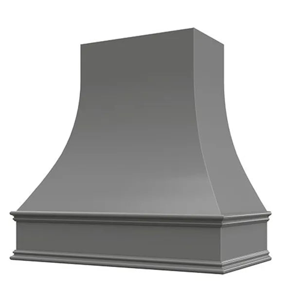 Grey Wood Range Hood With Curved Front and Decorative Trim - 30