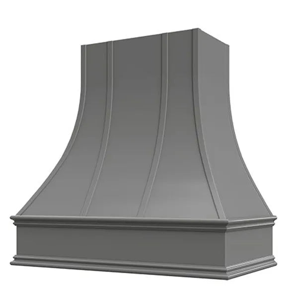 Grey Range Hood With Curved Strapped Front and Decorative Trim - 30