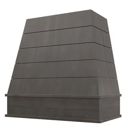 Stained Gray Wood Range Hood With Tapered Shiplap Front and Block Trim - 30