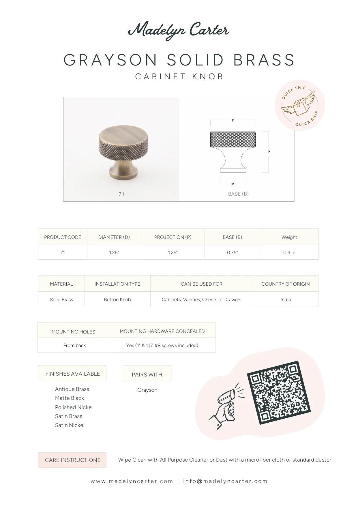 Grayson Solid Brass Cabinet Knob