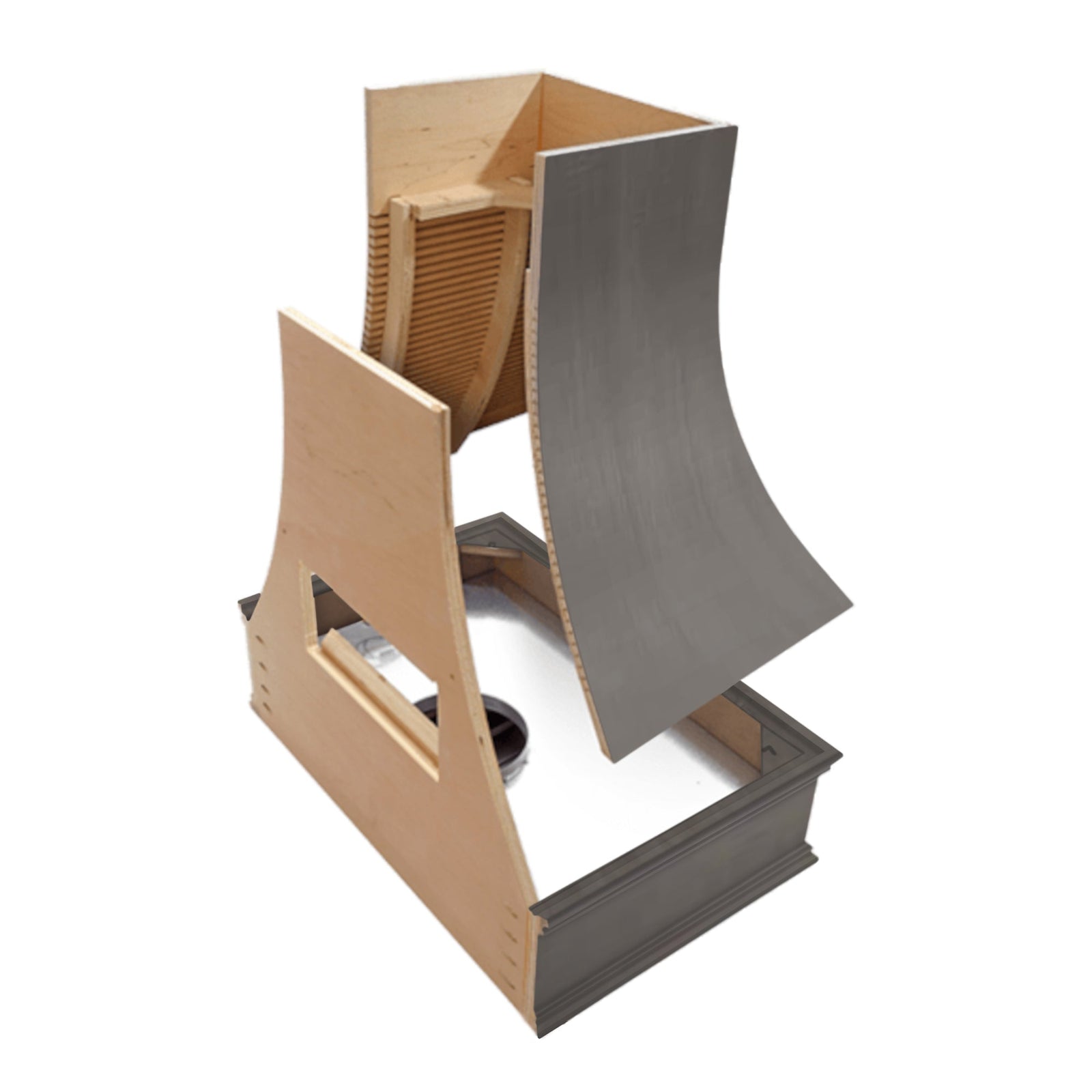 Stained Gray Wood Range Hood With Tapered Strapped Front and Block Trim - 30