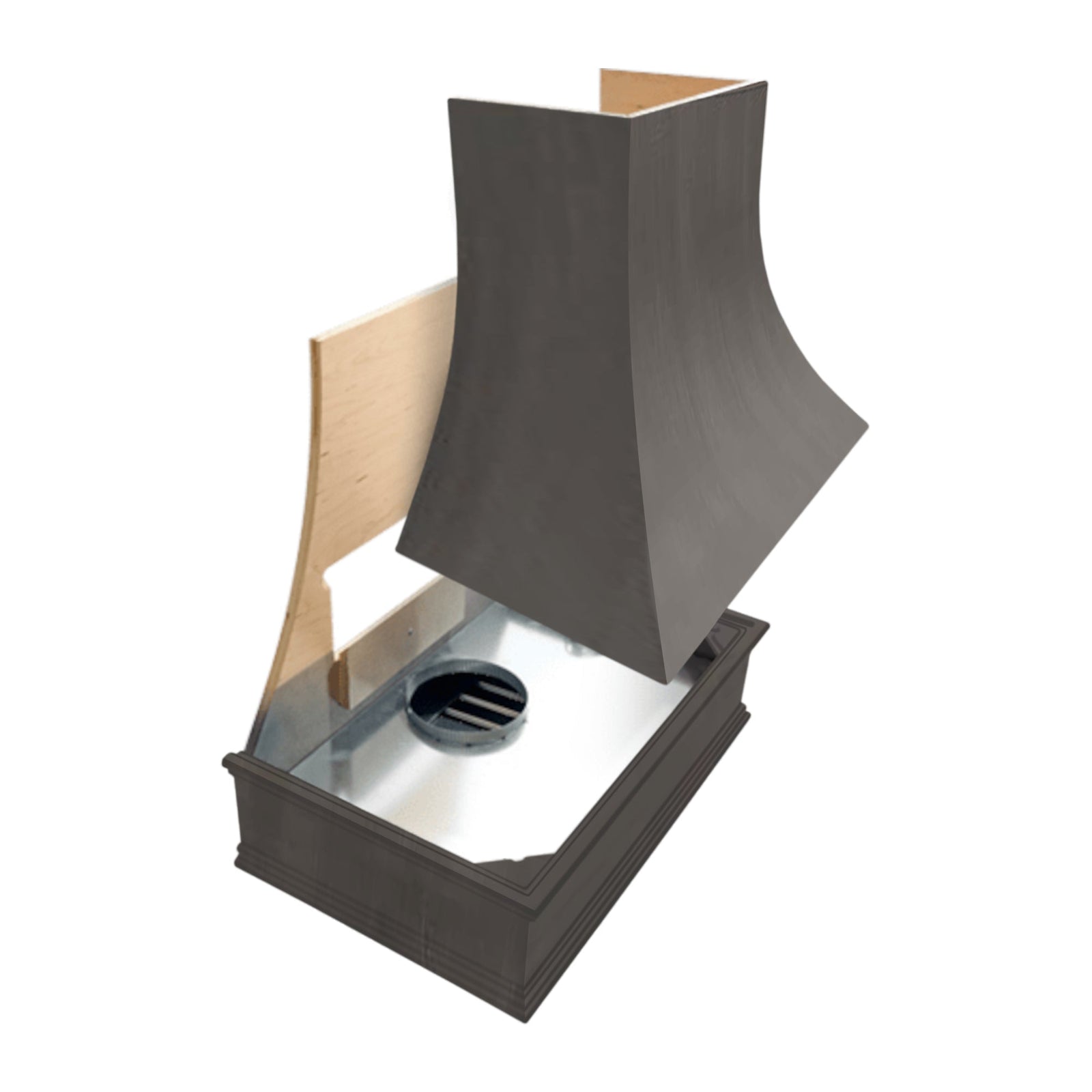 Stained Gray Wood Range Hood With Curved Front and Decorative Trim - 30