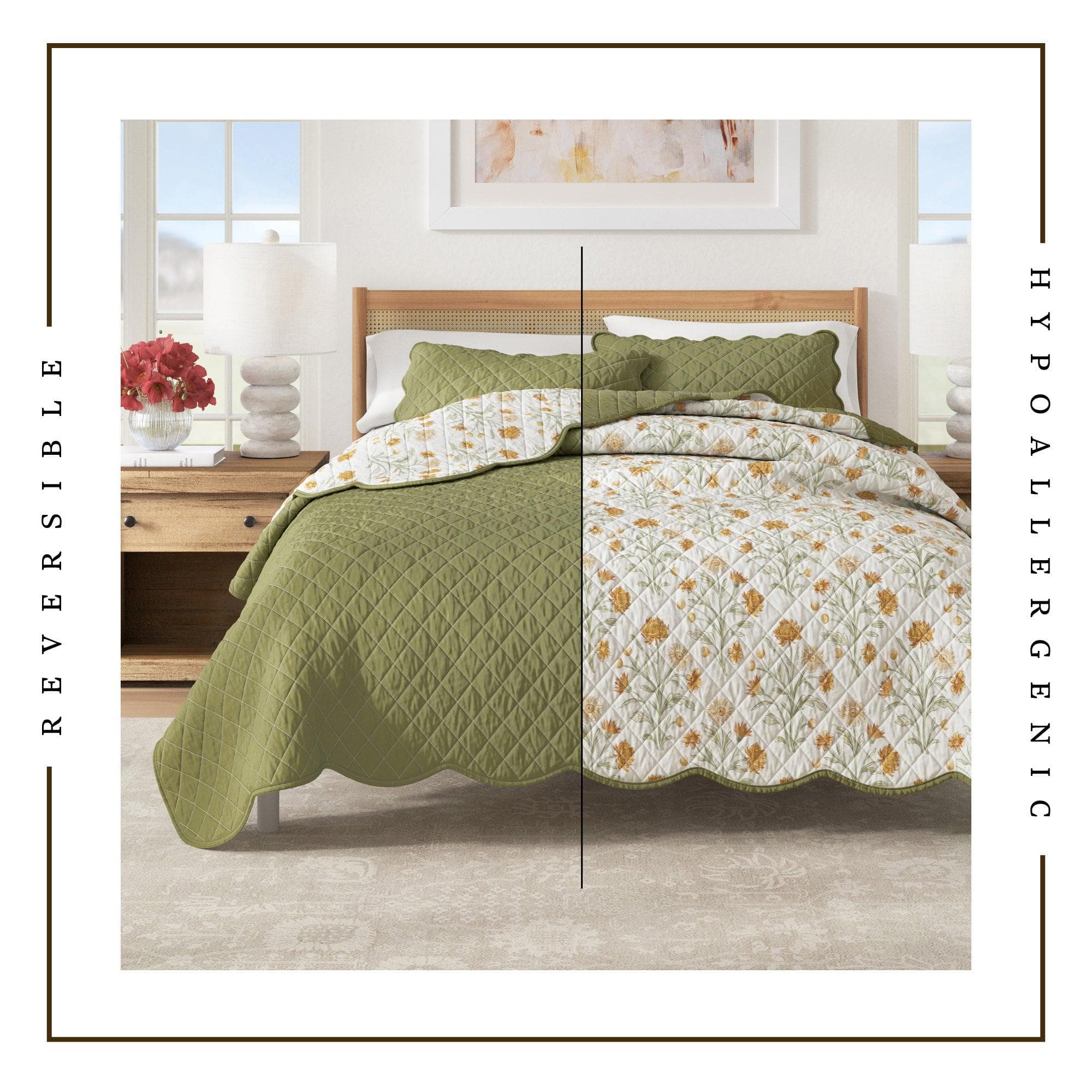 Floral Print & Scalloped Edge Cotton Quilt Set - Ilianna Collection