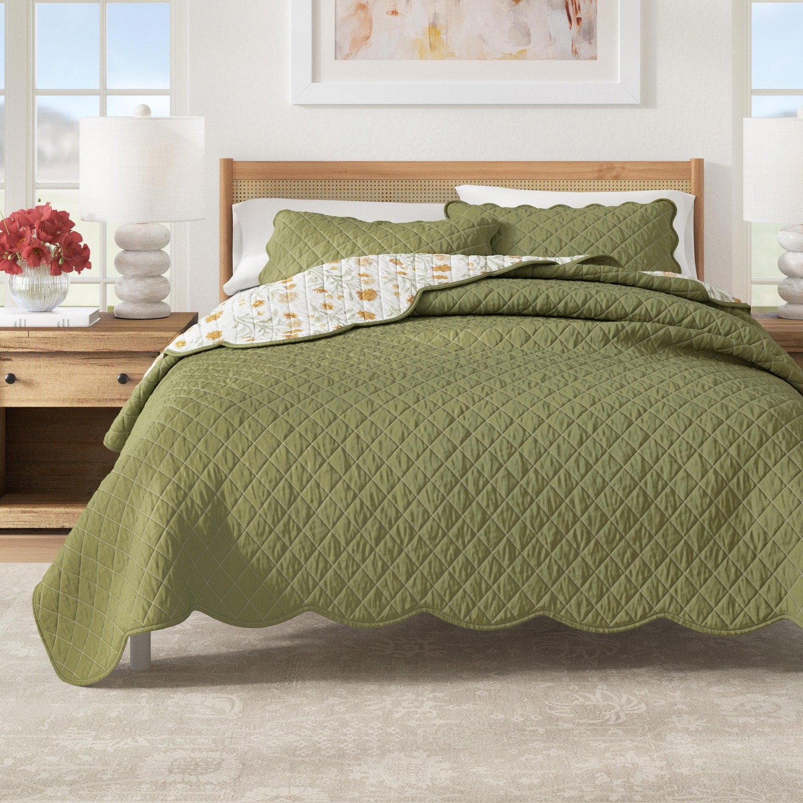 Floral Print & Scalloped Edge Cotton Quilt Set - Ilianna Collection