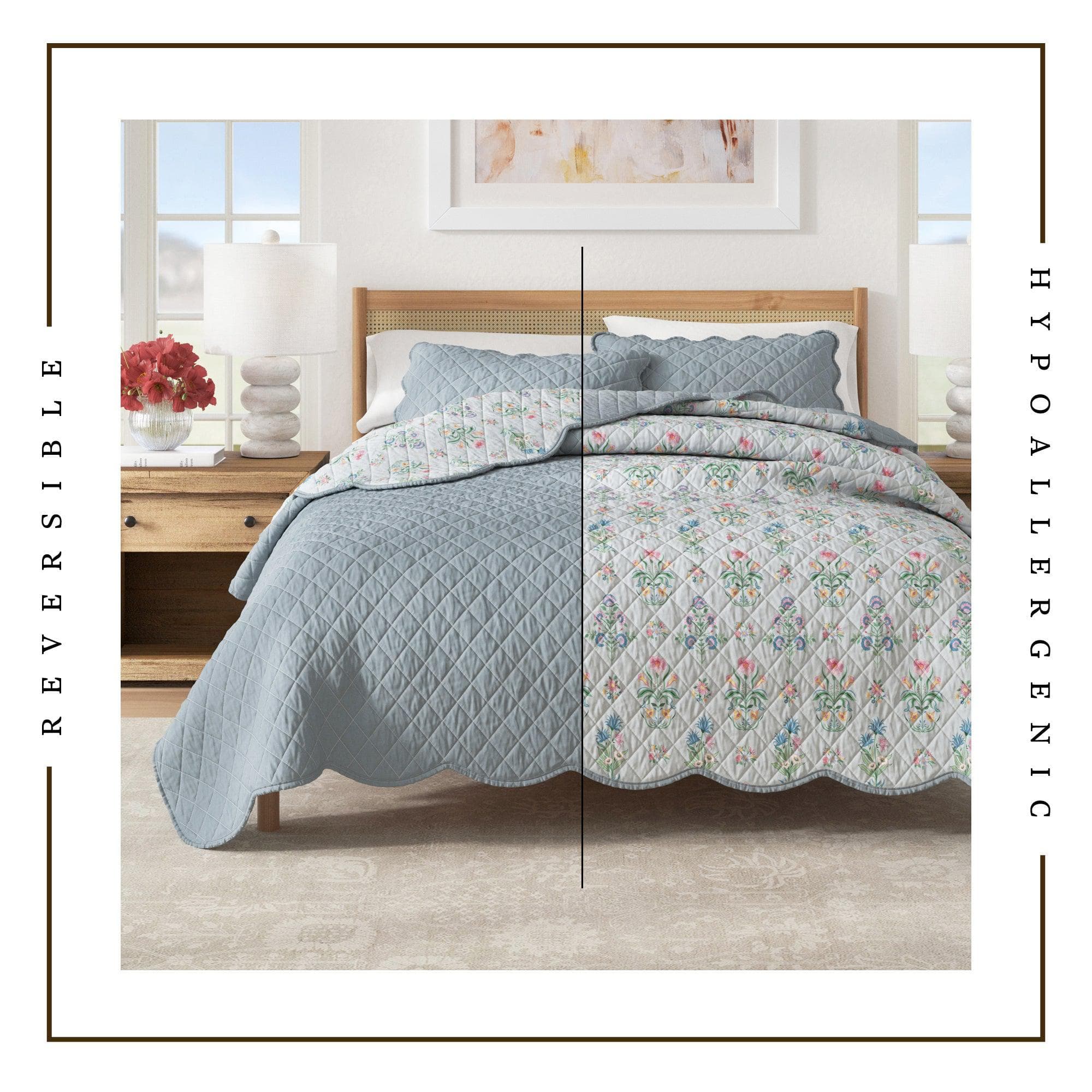 Floral Print & Scalloped Edge Cotton Quilt Set - Katrin Collection