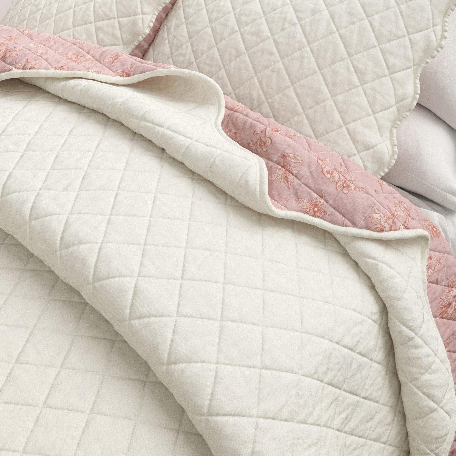 Floral Print & Scalloped Edge Cotton Quilt Set - Sandie Collection