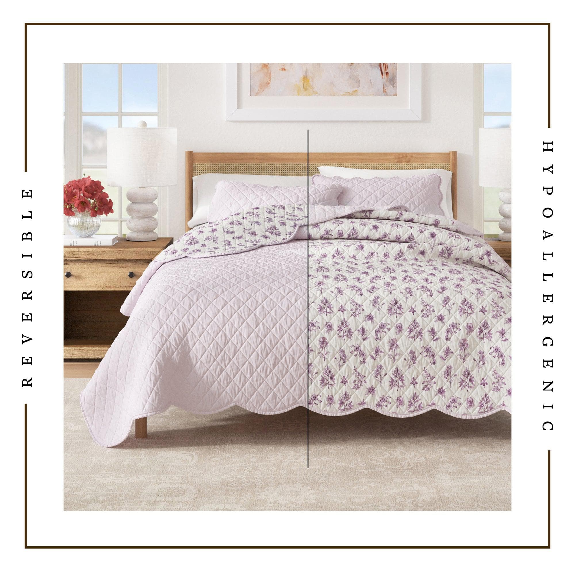 Floral Print & Scalloped Edge Cotton Quilt Set - Sandie Collection