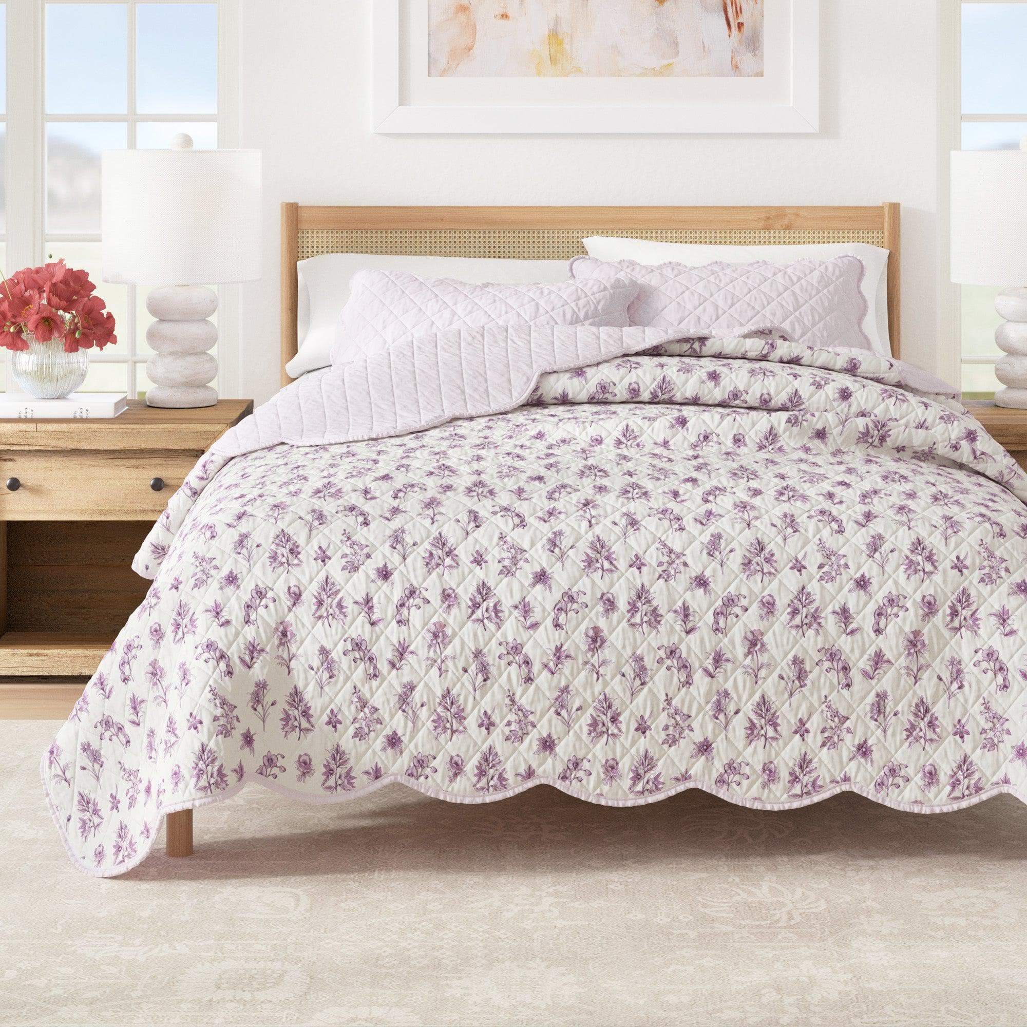 Floral Print & Scalloped Edge Cotton Quilt Set - Sandie Collection