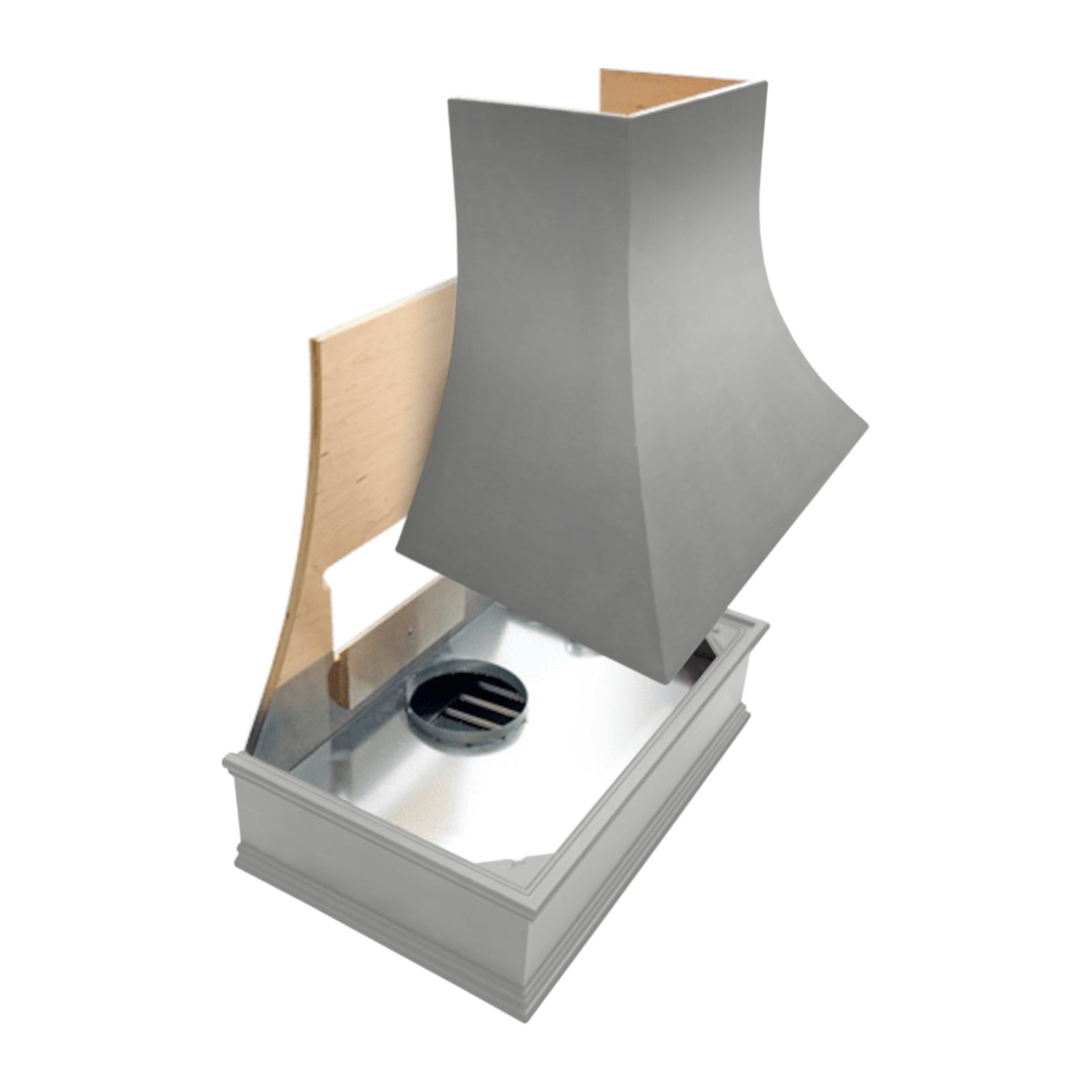 Grey Wood Range Hood With Sloped Front and Decorative Trim - 30