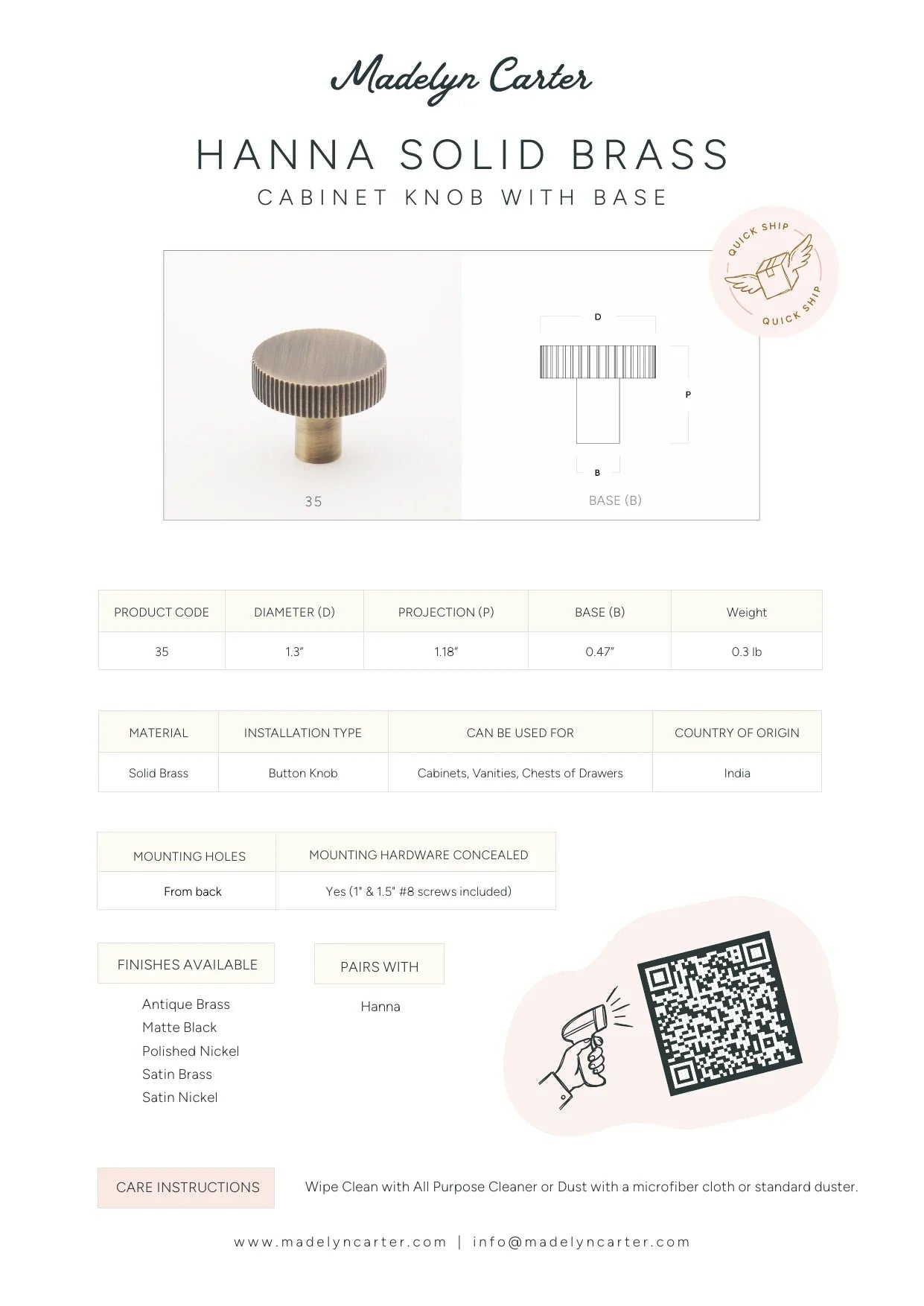 Hanna Solid Brass Cabinet Knob