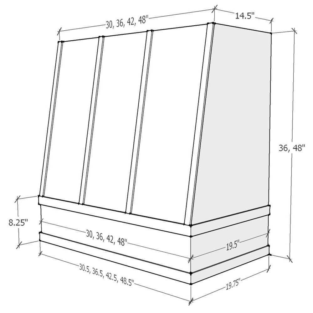 White Wood Range Hood With Angled Strapped Front and Block Trim - 30", 36", 42", 48", 54" and 60" Widths Available