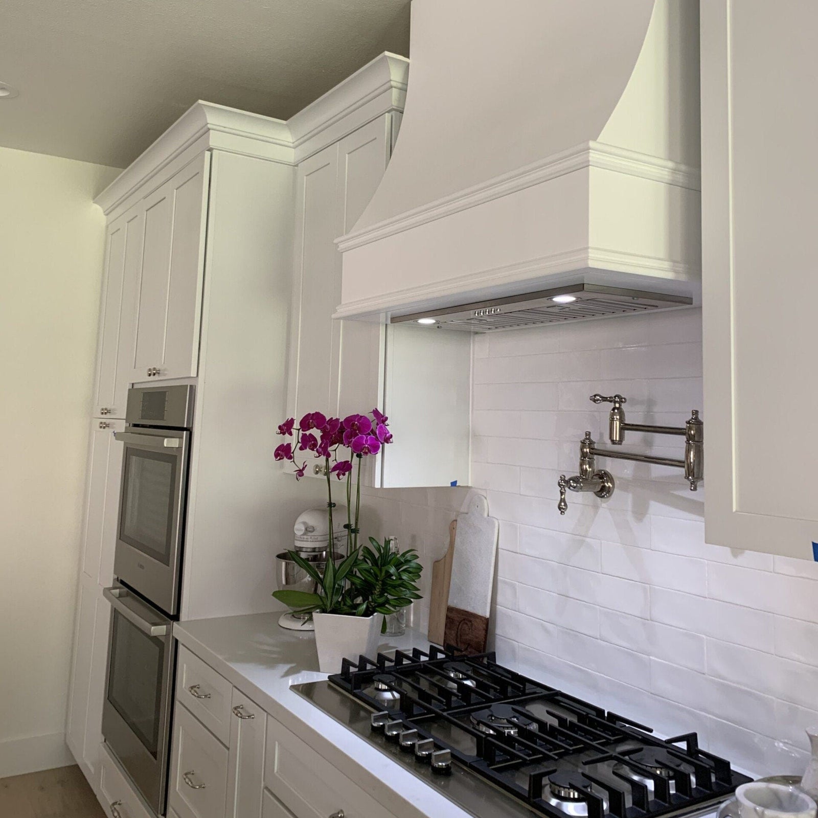Unfinished Wood Range Hood With Sloped Front and Decorative Trim - 30