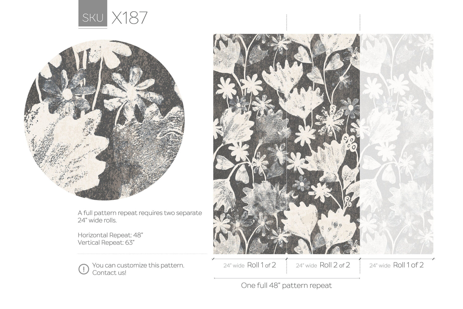 Floral Wallpaper Featuring Stylized Blooms in Charcoal and Cream - X187