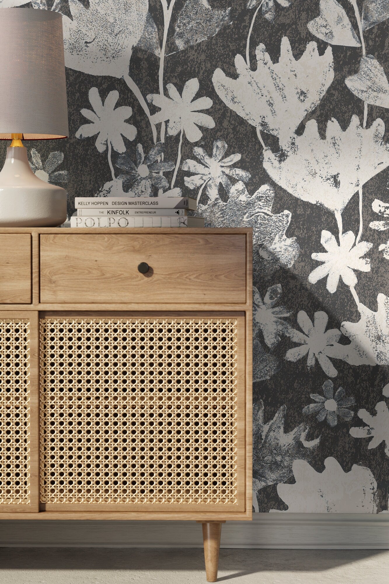 Floral Wallpaper Featuring Stylized Blooms in Charcoal and Cream - X187