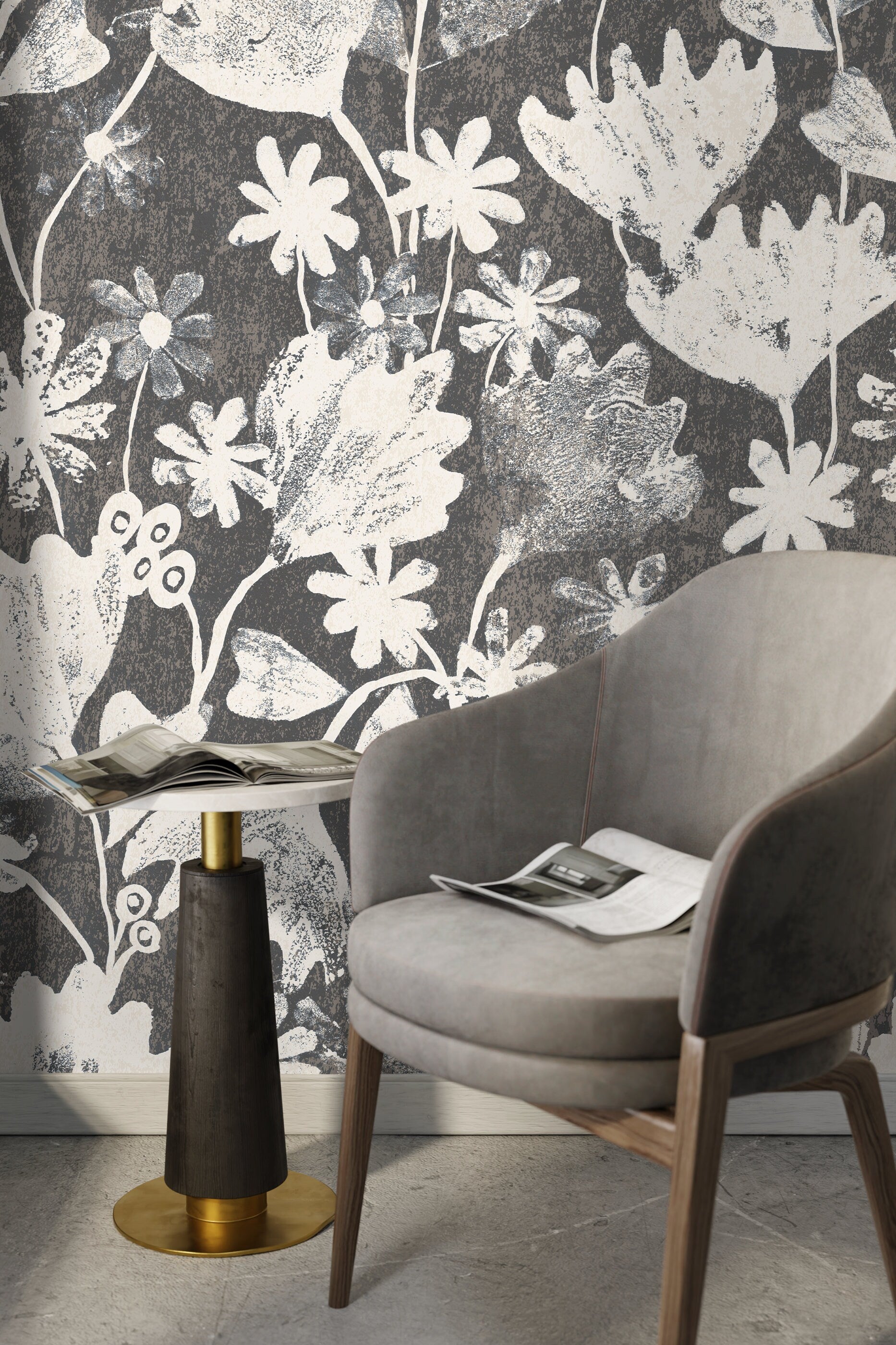 Floral Wallpaper Featuring Stylized Blooms in Charcoal and Cream - X187
