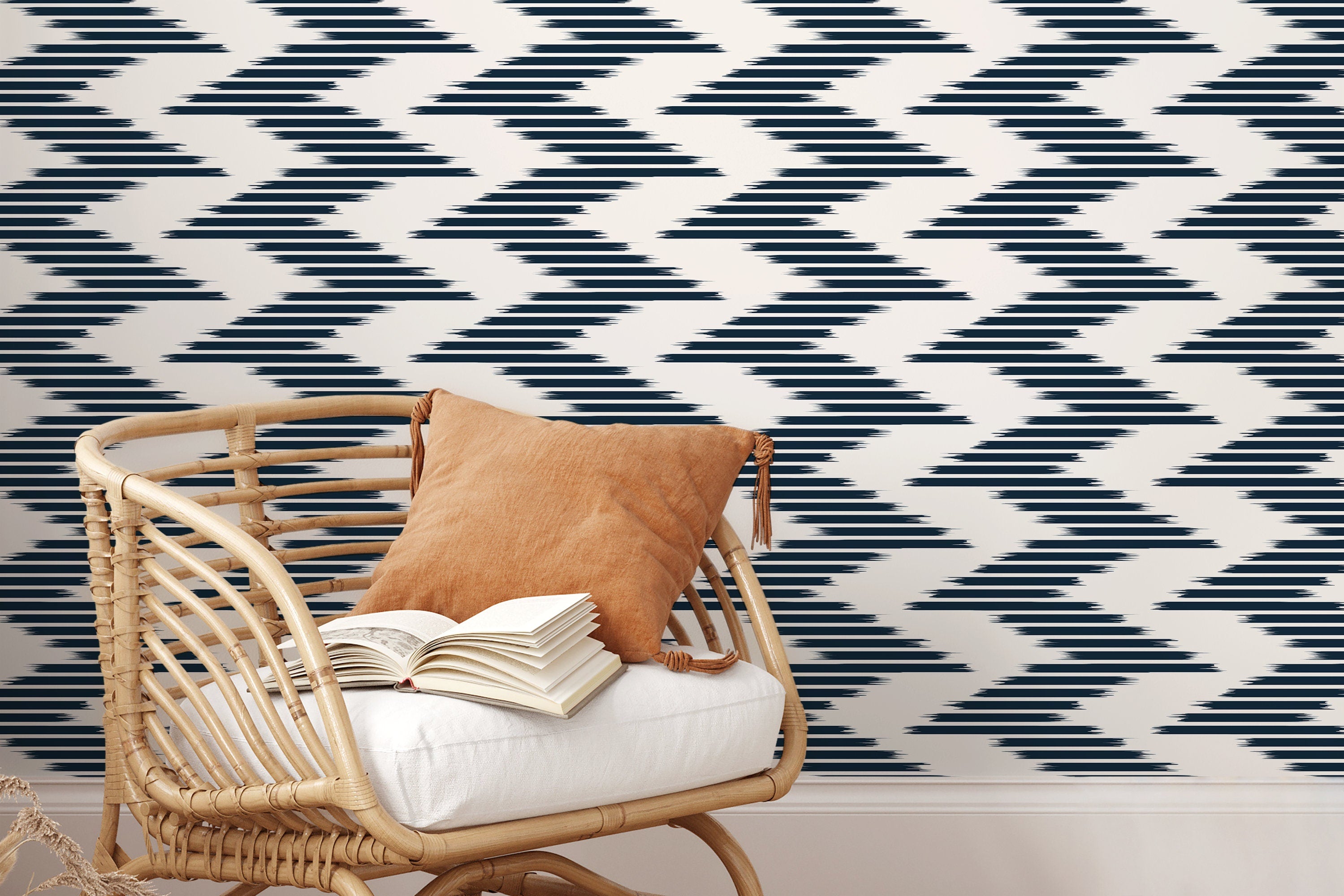 Geometric Wallpaper with an Abstract Ikat Motif in Navy Blue and Off-White - D208
