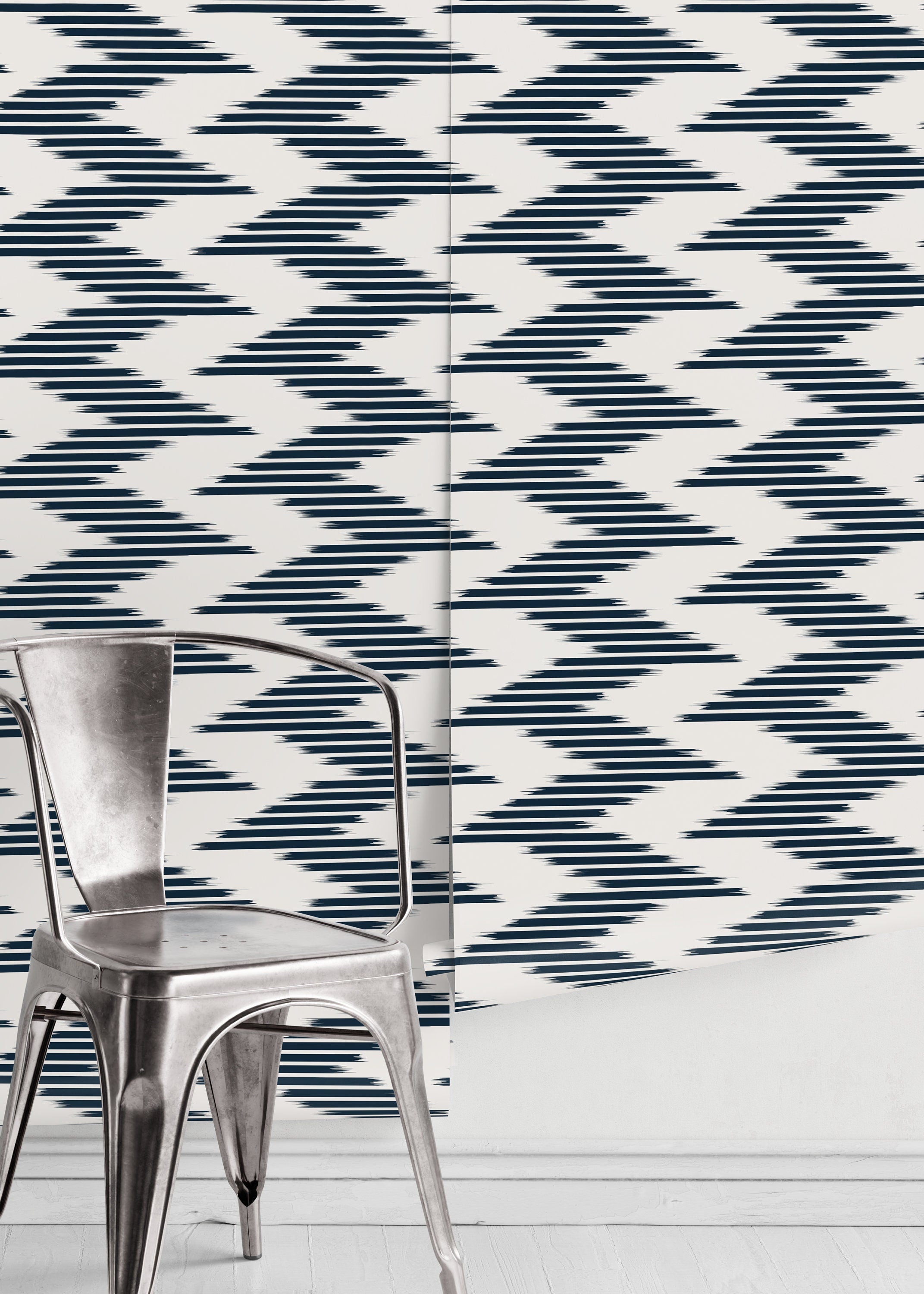Geometric Wallpaper with an Abstract Ikat Motif in Navy Blue and Off-White - D208