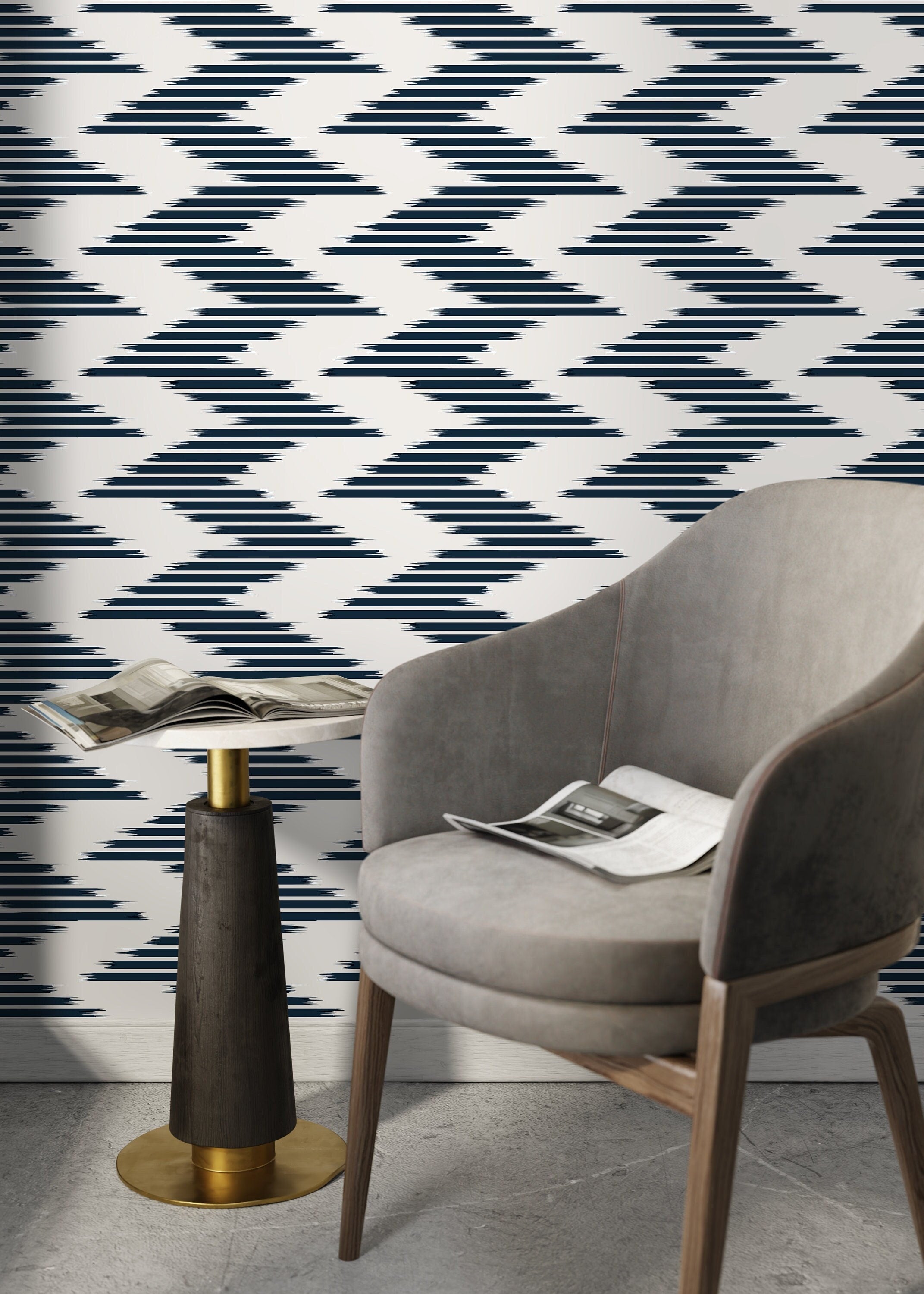 Geometric Wallpaper with an Abstract Ikat Motif in Navy Blue and Off-White - D208