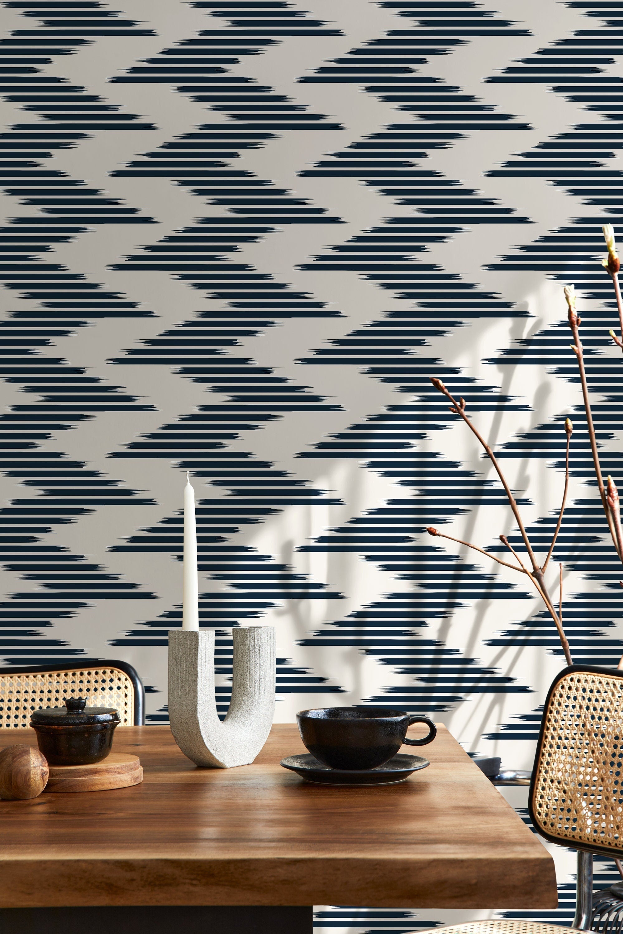 Geometric Wallpaper with an Abstract Ikat Motif in Navy Blue and Off-White - D208