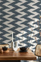 Geometric Wallpaper with an Abstract Ikat Motif in Navy Blue and Off-White - D208
