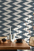 Geometric Wallpaper with an Abstract Ikat Motif in Navy Blue and Off-White - D208