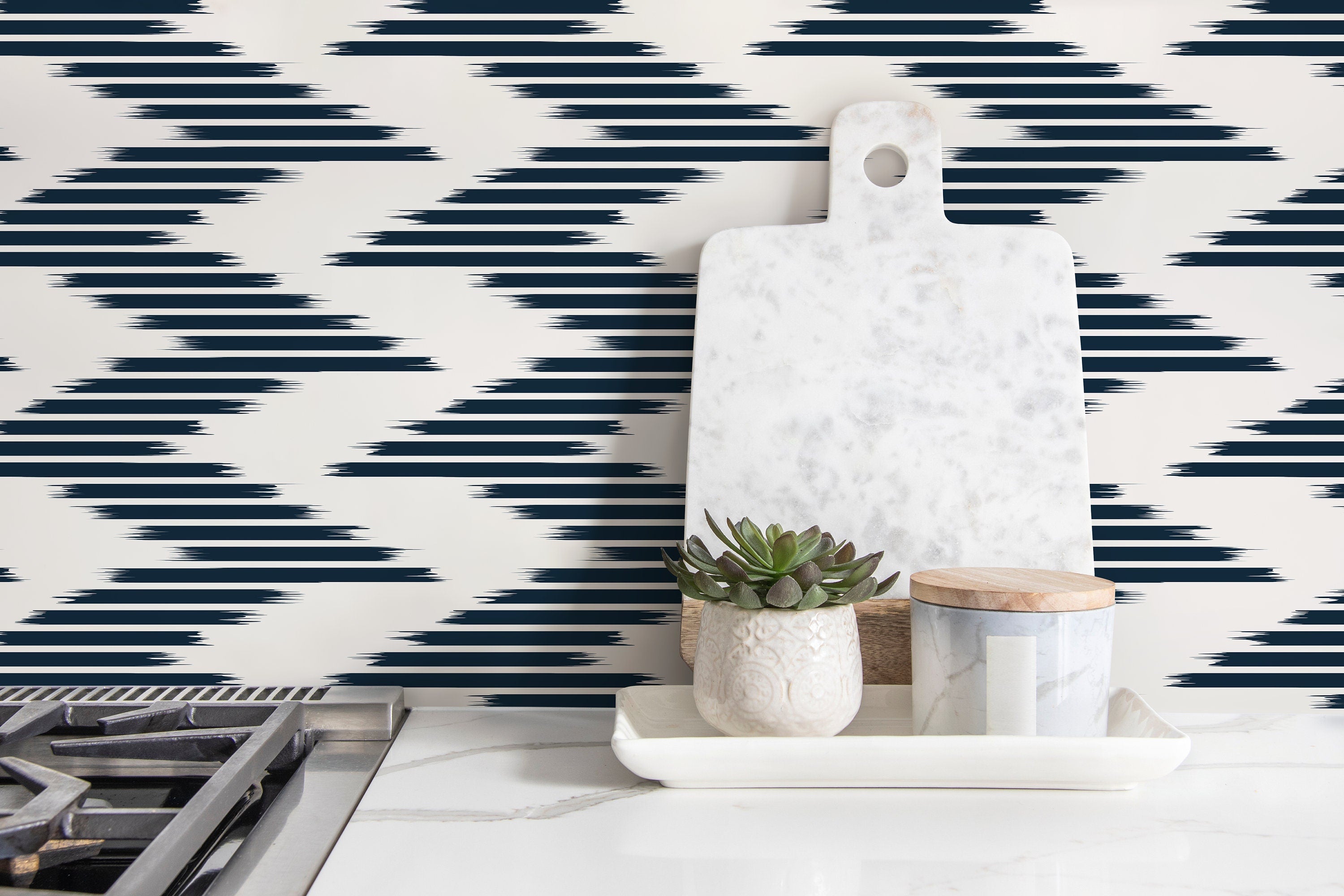 Geometric Wallpaper with an Abstract Ikat Motif in Navy Blue and Off-White - D208