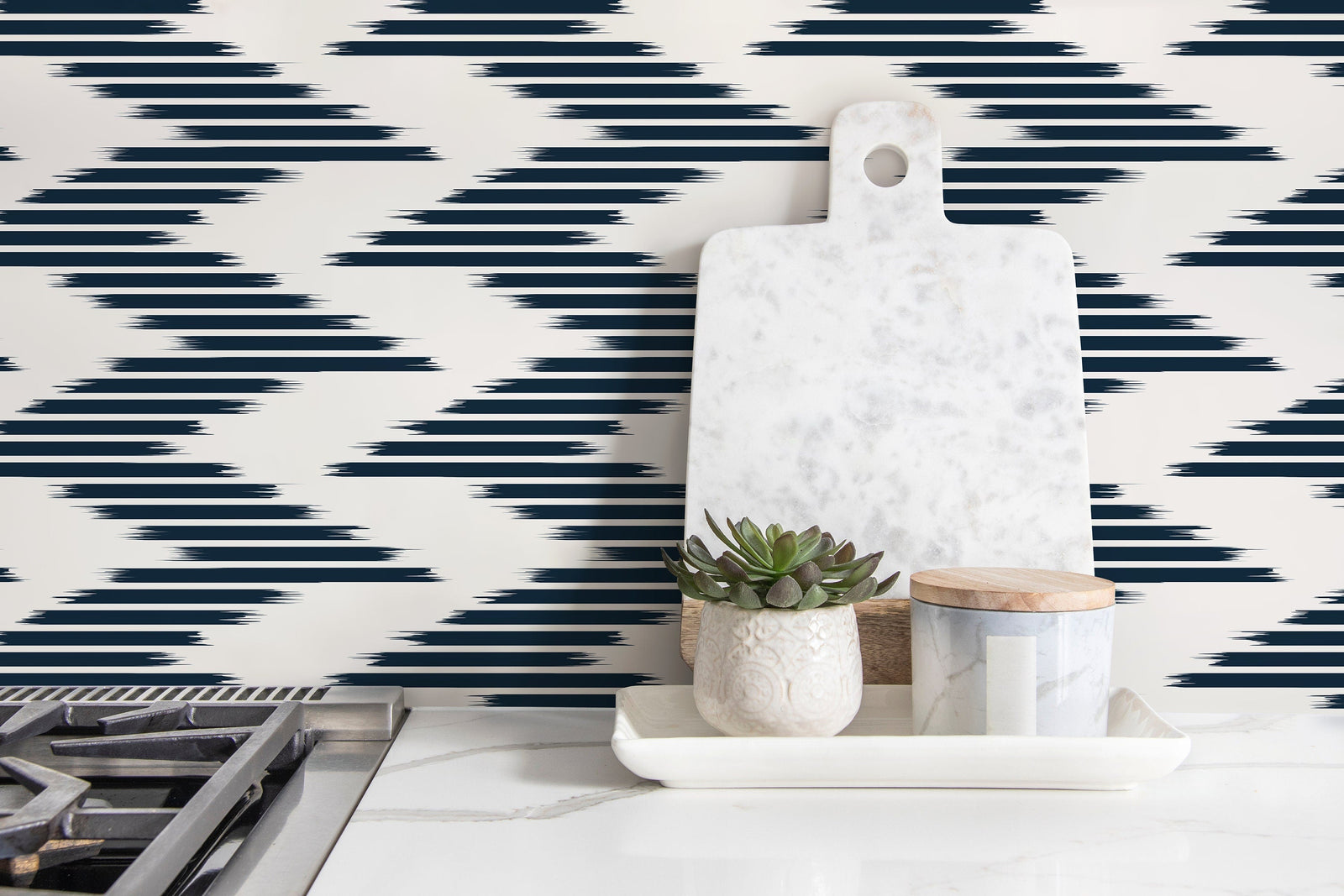 Geometric Wallpaper with an Abstract Ikat Motif in Navy Blue and Off-White - D208
