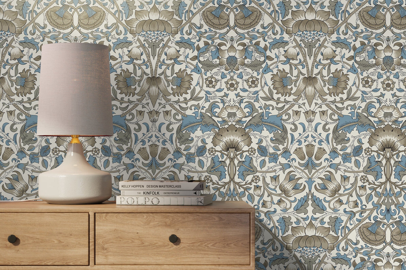 Vintage Floral Wallpaper with an Arts and Crafts Motif in Blue and Gray - D523