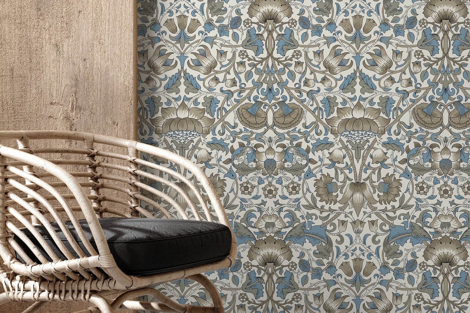 Vintage Floral Wallpaper with an Arts and Crafts Motif in Blue and Gray - D523
