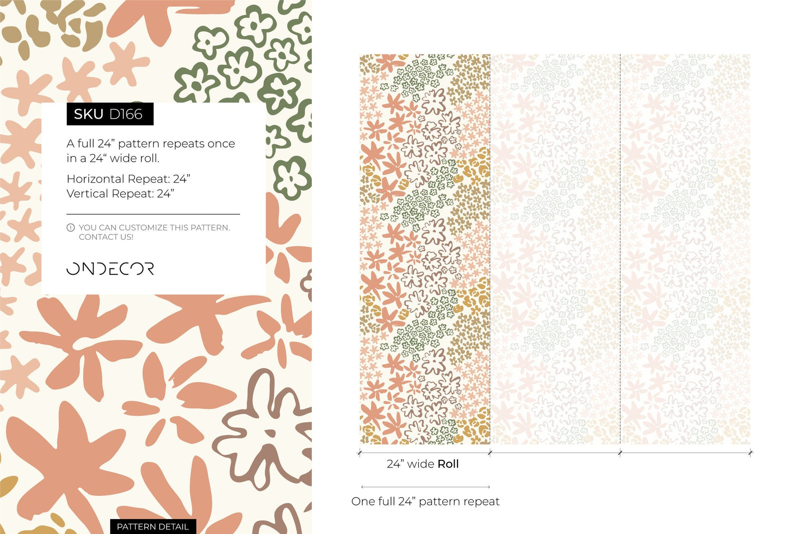Floral Wallpaper with a Hand-Drawn Motif in Terracotta, Green, and Taupe - D166