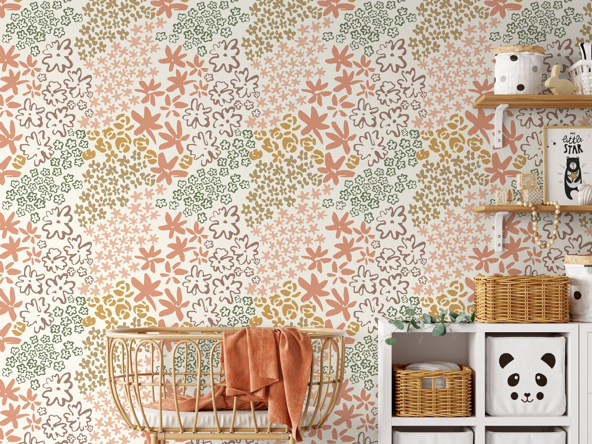 Floral Wallpaper with a Hand-Drawn Motif in Terracotta, Green, and Taupe - D166