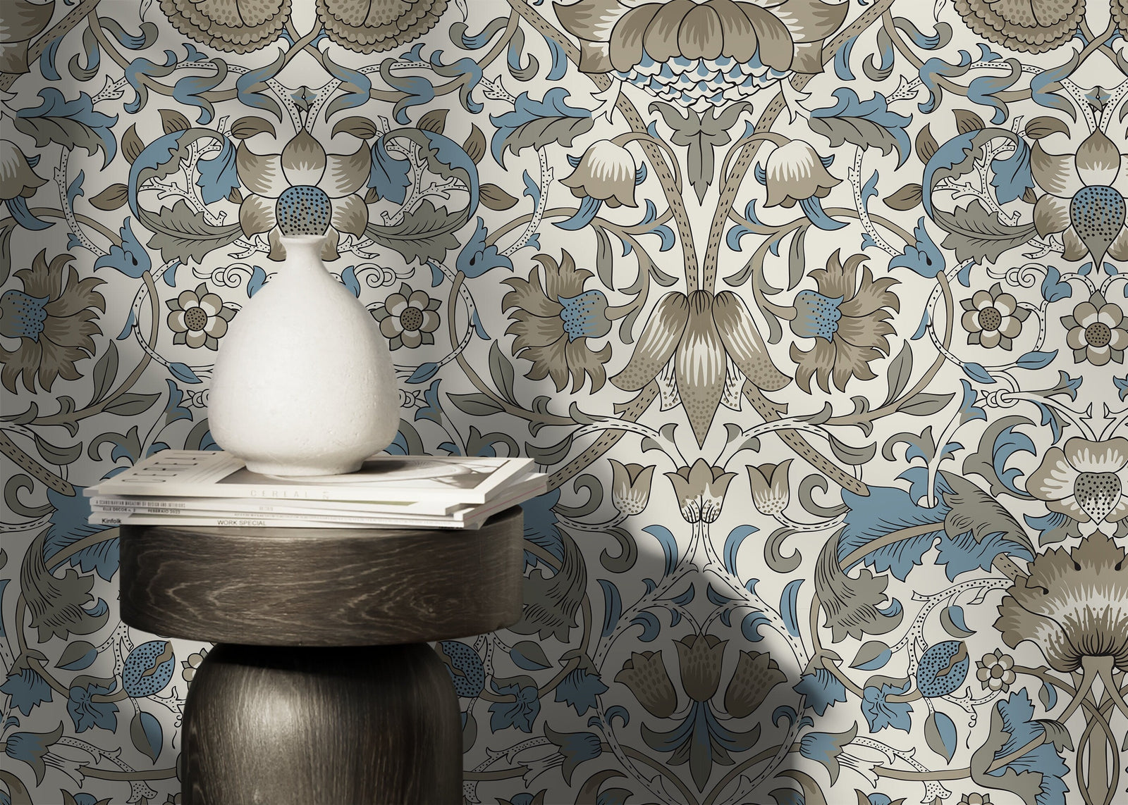 Vintage Floral Wallpaper with an Arts and Crafts Motif in Blue and Gray - D523