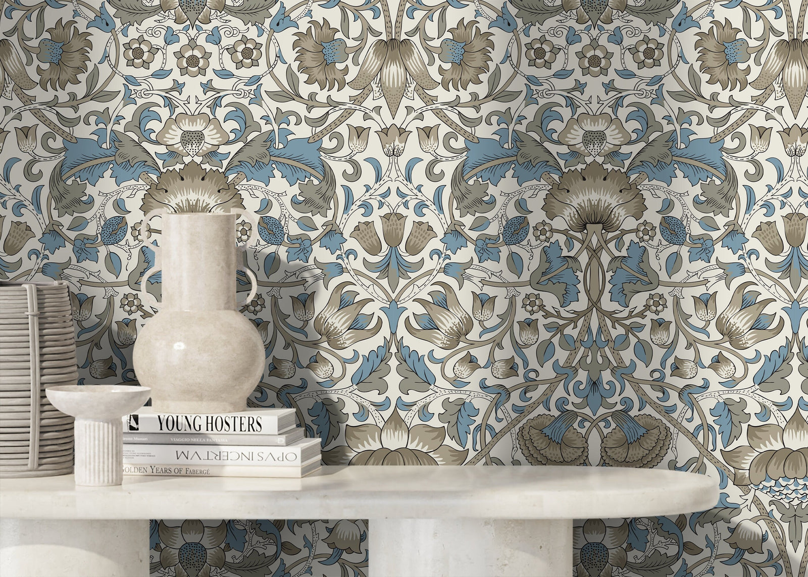 Vintage Floral Wallpaper with an Arts and Crafts Motif in Blue and Gray - D523