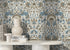 Vintage Floral Wallpaper with an Arts and Crafts Motif in Blue and Gray - D523
