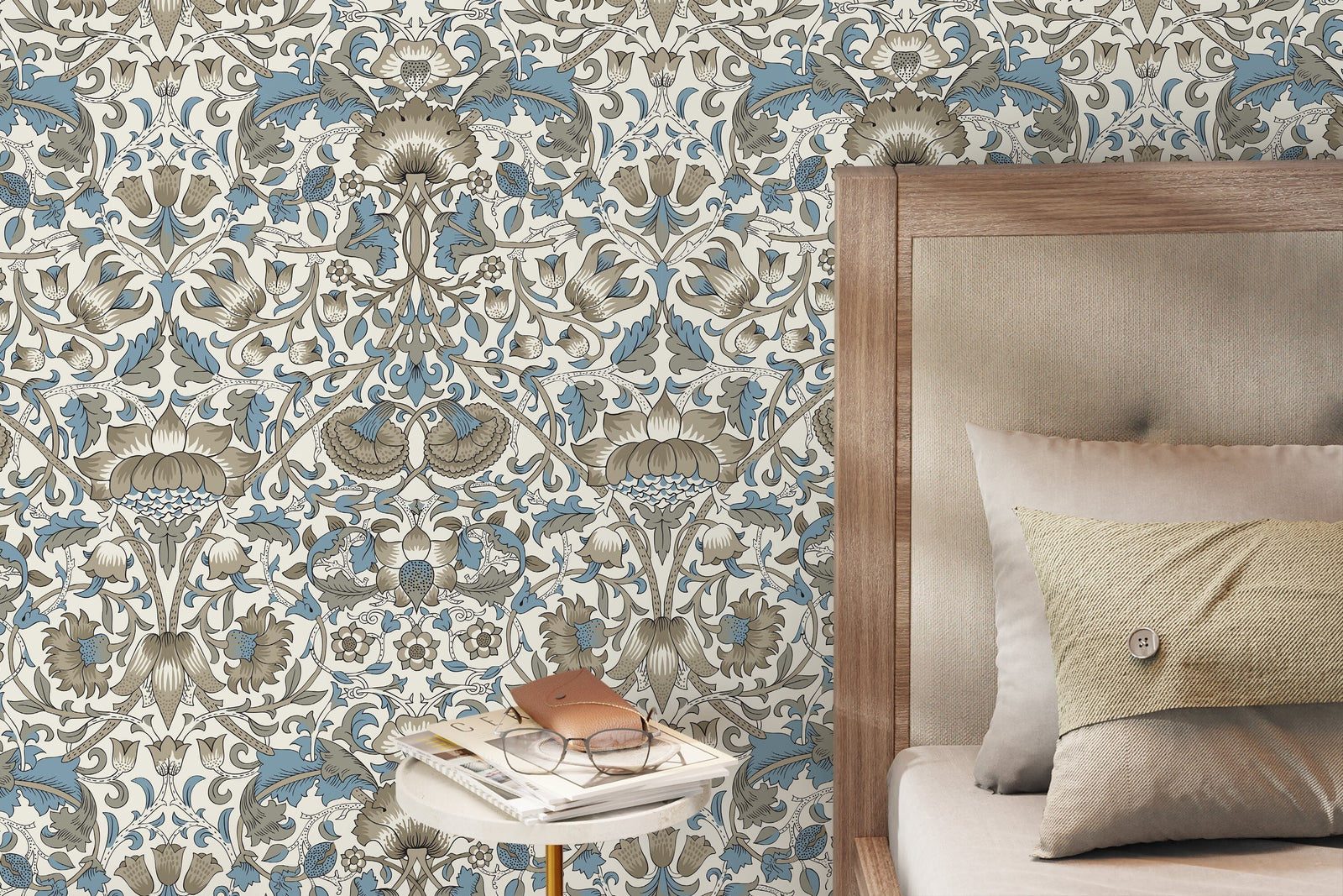 Vintage Floral Wallpaper with an Arts and Crafts Motif in Blue and Gray - D523