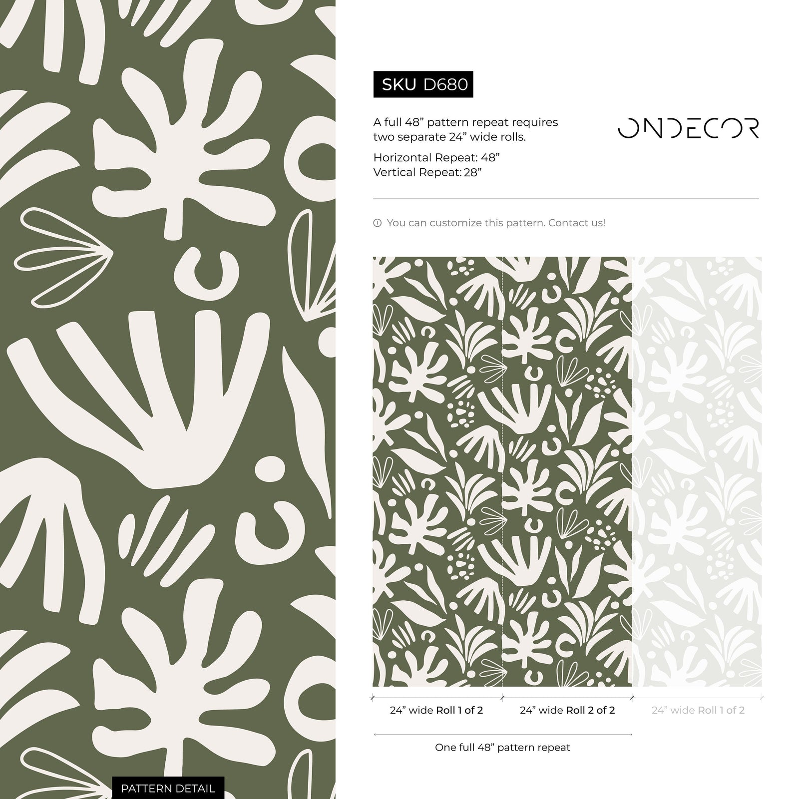 Abstract Wallpaper with Botanical Cutouts in Green and White - D680