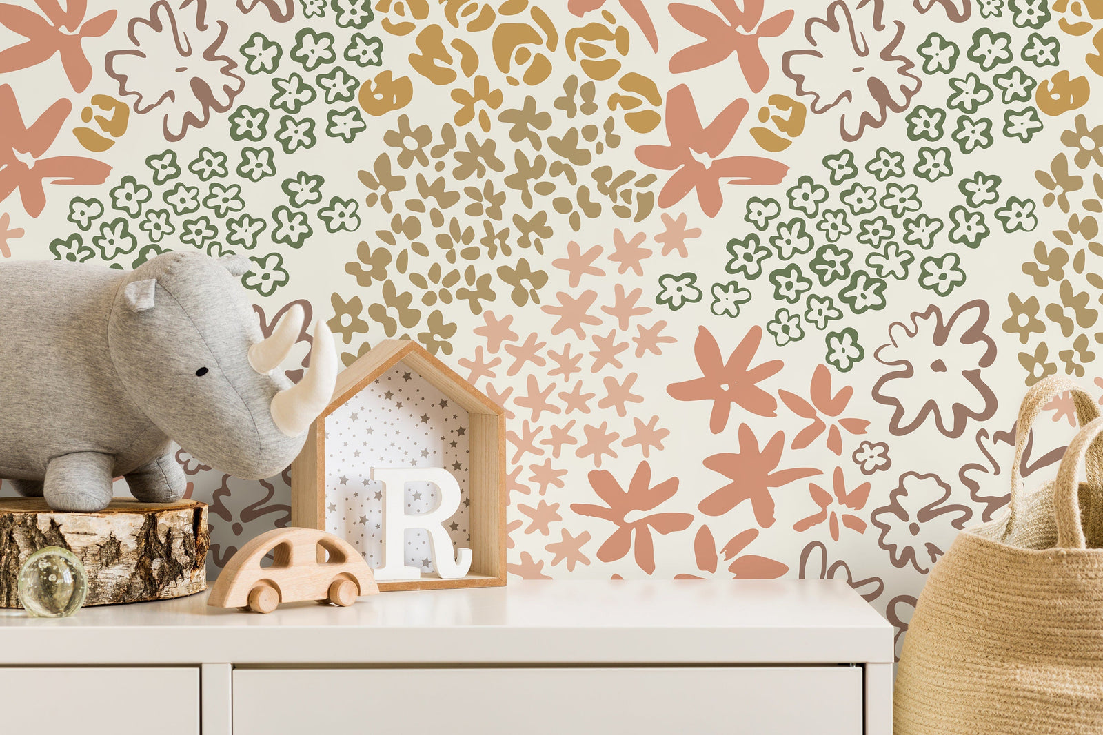 Floral Wallpaper with a Hand-Drawn Motif in Terracotta, Green, and Taupe - D166