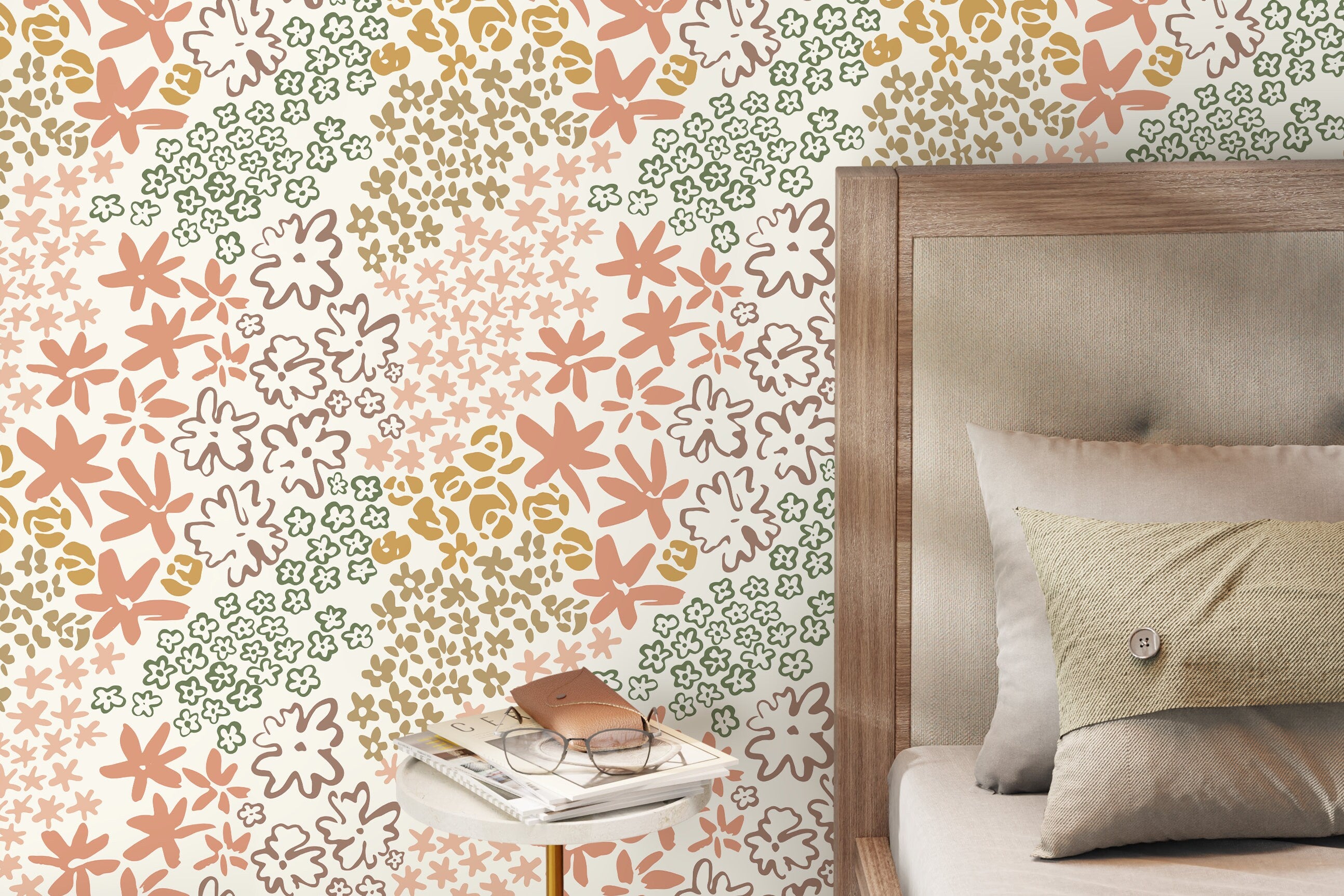 Floral Wallpaper with a Hand-Drawn Motif in Terracotta, Green, and Taupe - D166