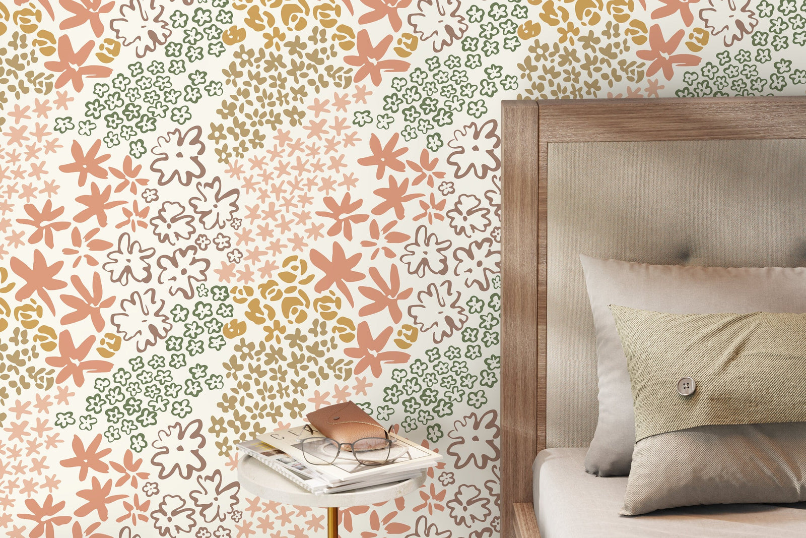 Floral Wallpaper with a Hand-Drawn Motif in Terracotta, Green, and Taupe - D166