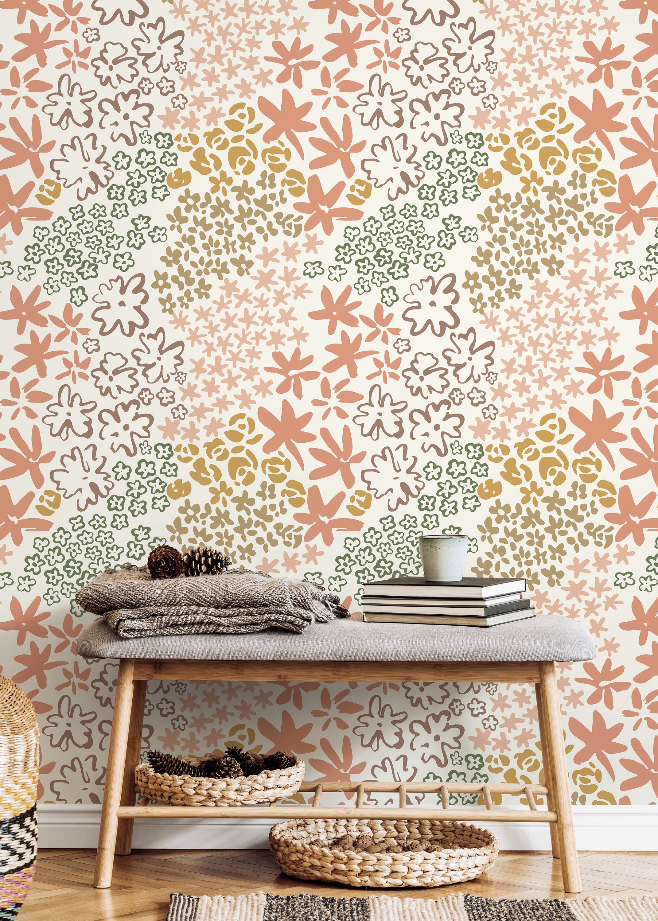 Floral Wallpaper with a Hand-Drawn Motif in Terracotta, Green, and Taupe - D166