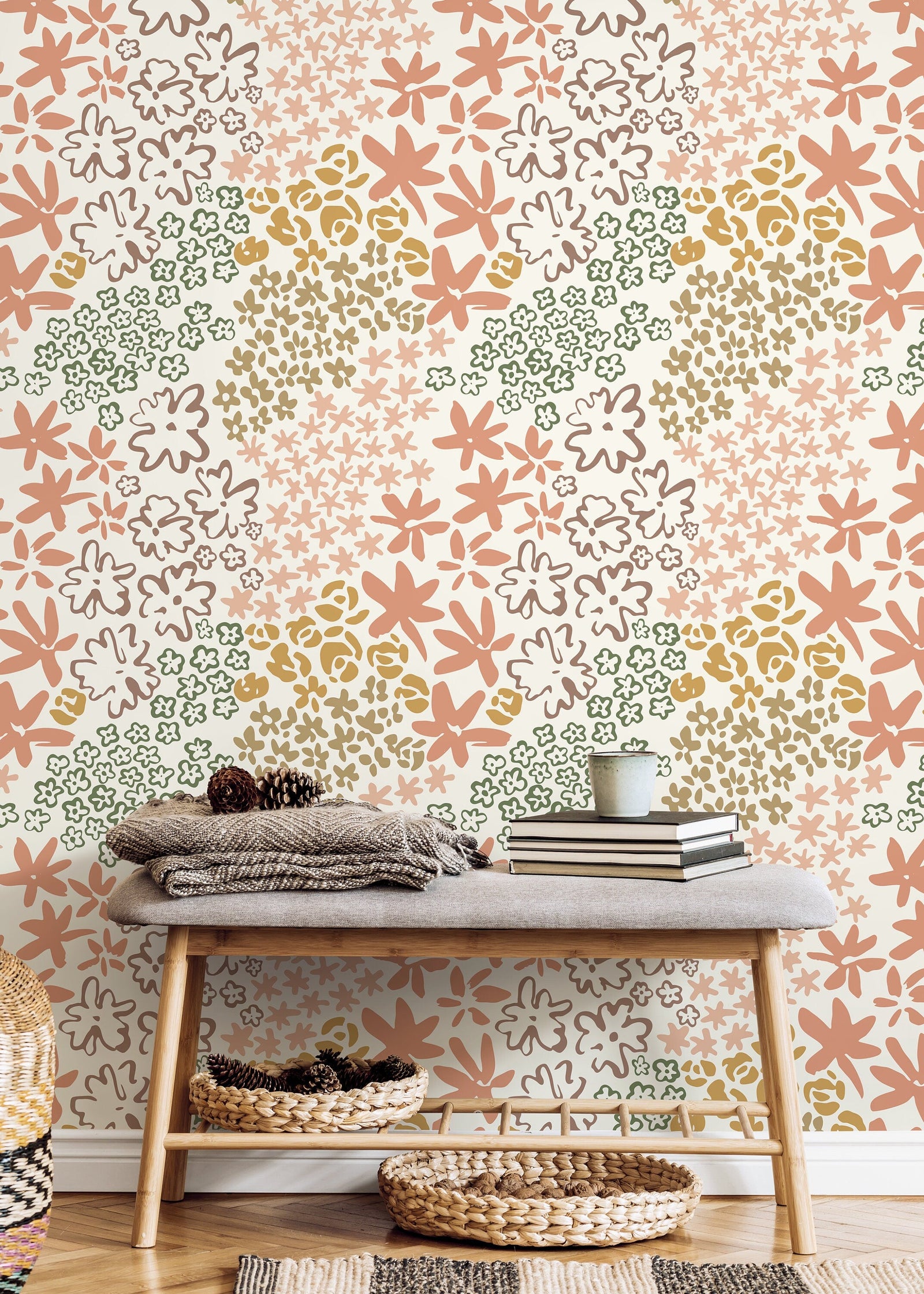Floral Wallpaper with a Hand-Drawn Motif in Terracotta, Green, and Taupe - D166