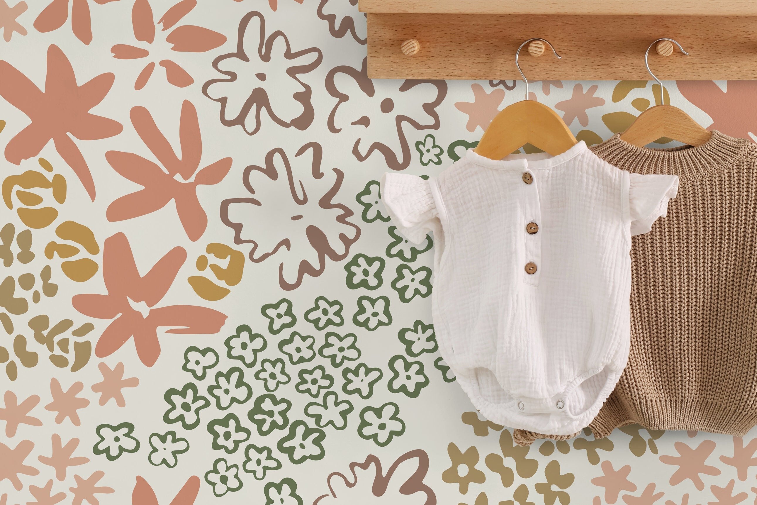 Floral Wallpaper with a Hand-Drawn Motif in Terracotta, Green, and Taupe - D166