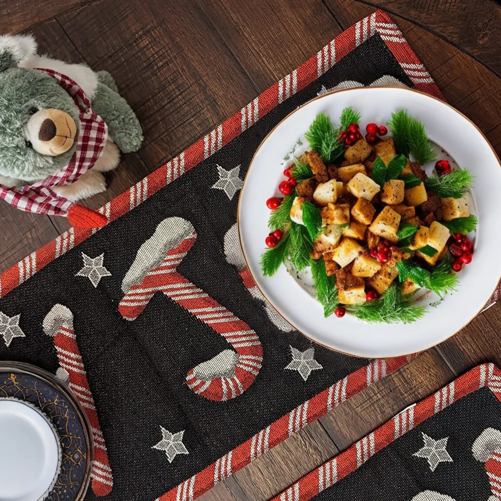 DaDa Bedding Peppermint Joy Red Black Holiday Tapestry Dining Table Runner (12904)