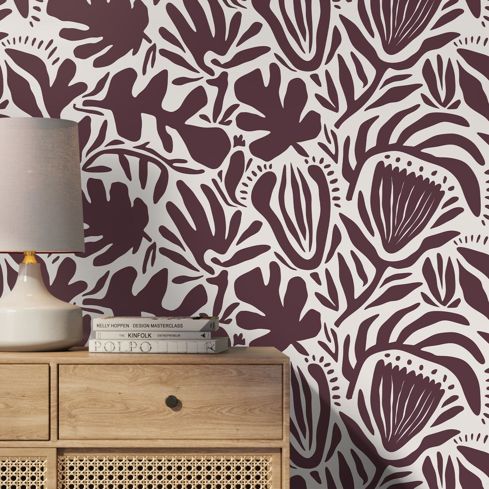 Abstract Floral Wallpaper with Bold Botanical Shapes in Purple and Off-White - D710