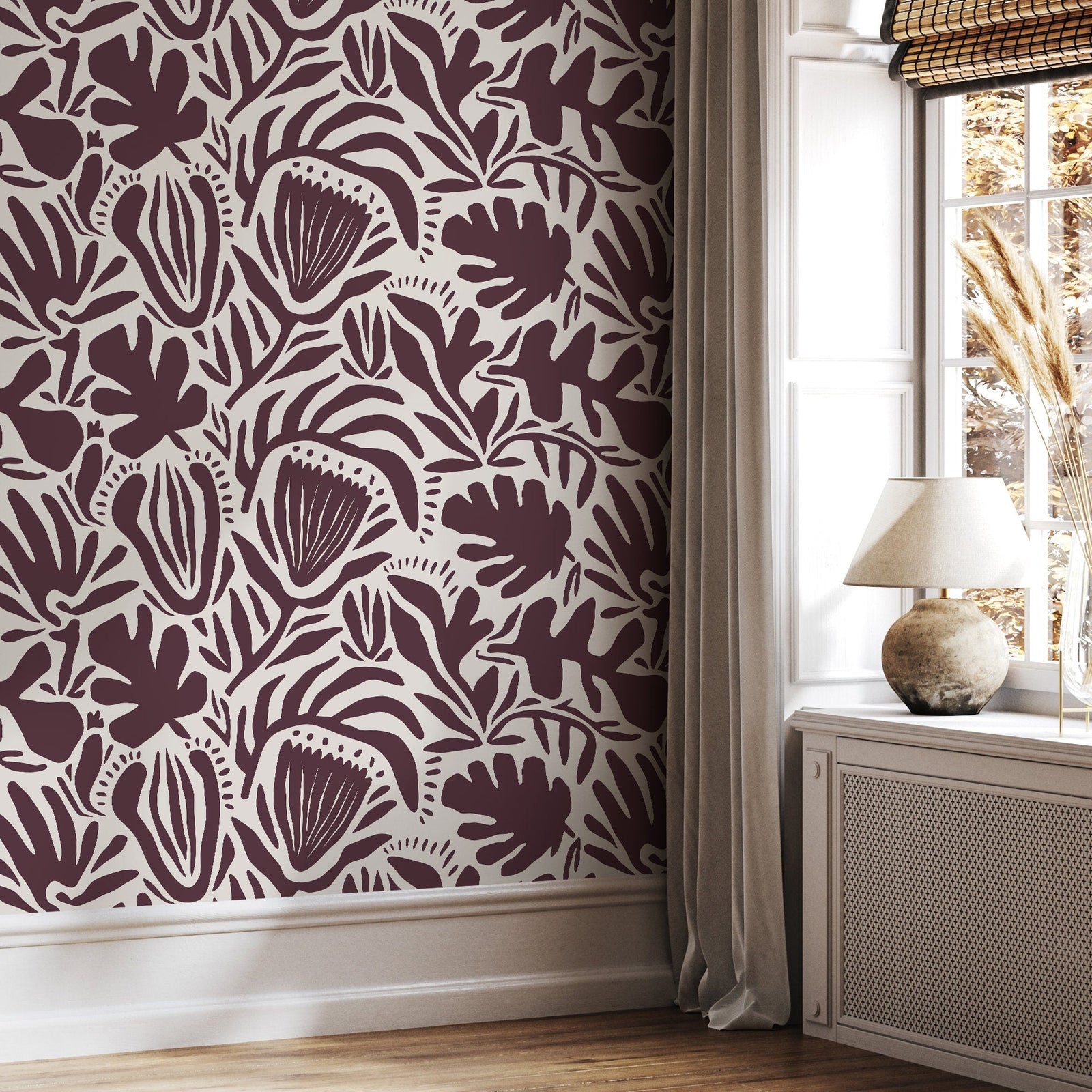 Abstract Floral Wallpaper with Bold Botanical Shapes in Purple and Off-White - D710