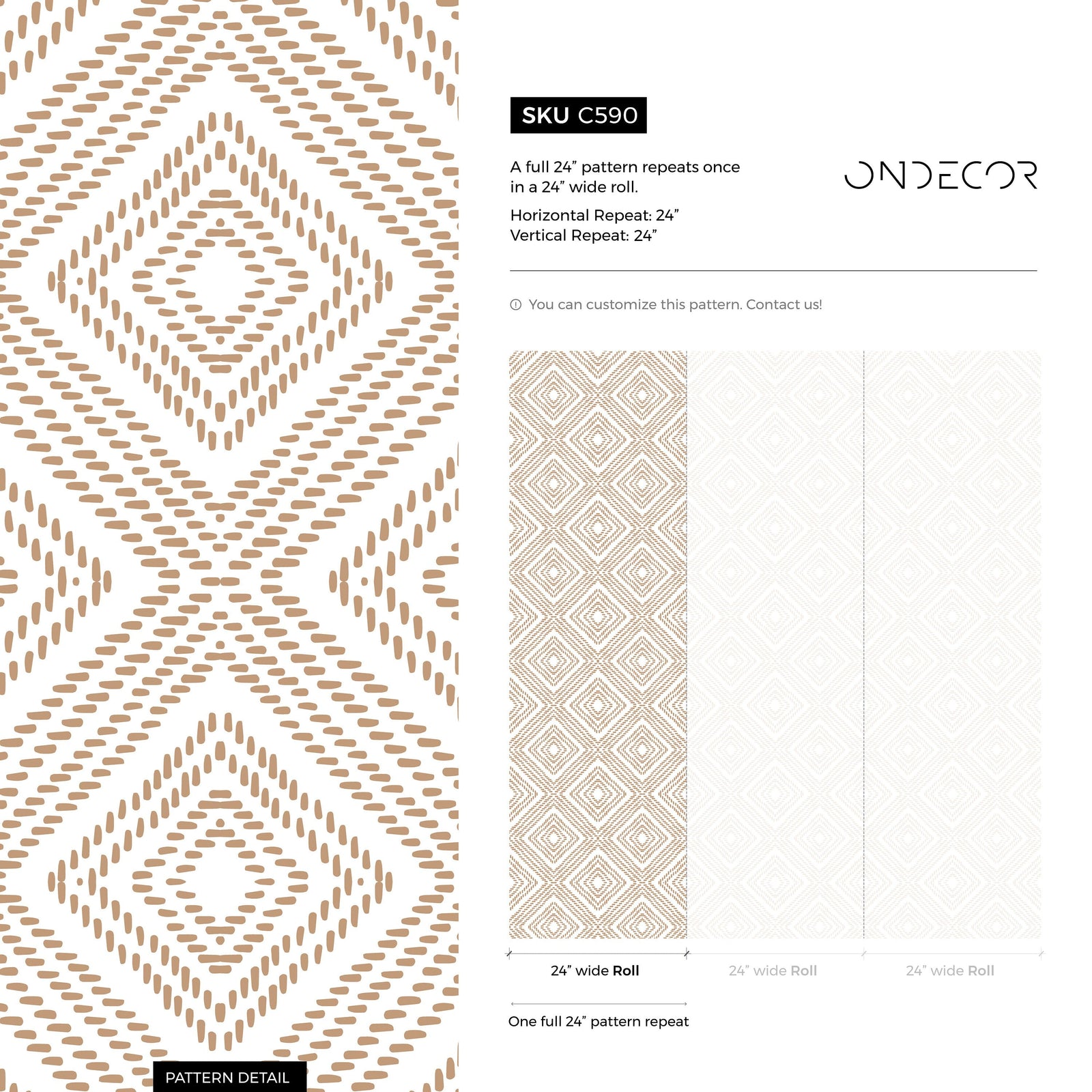 Geometric Wallpaper with a Dashed Diamond Pattern in Beige - C590