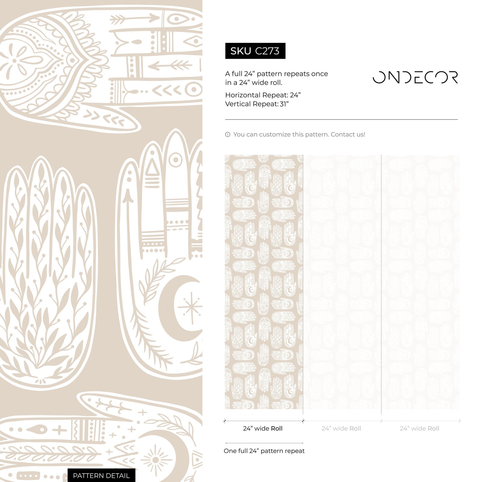 Bohemian Wallpaper featuring Hamsa Hand Motifs in Beige and White - C273