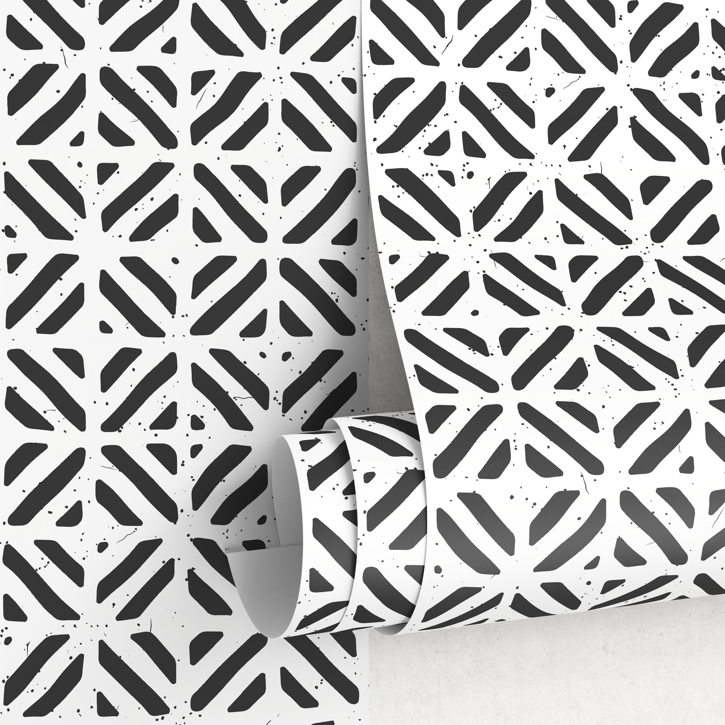 Geometric Wallpaper with a Stamped Crosshatch Motif in Black and White - A605