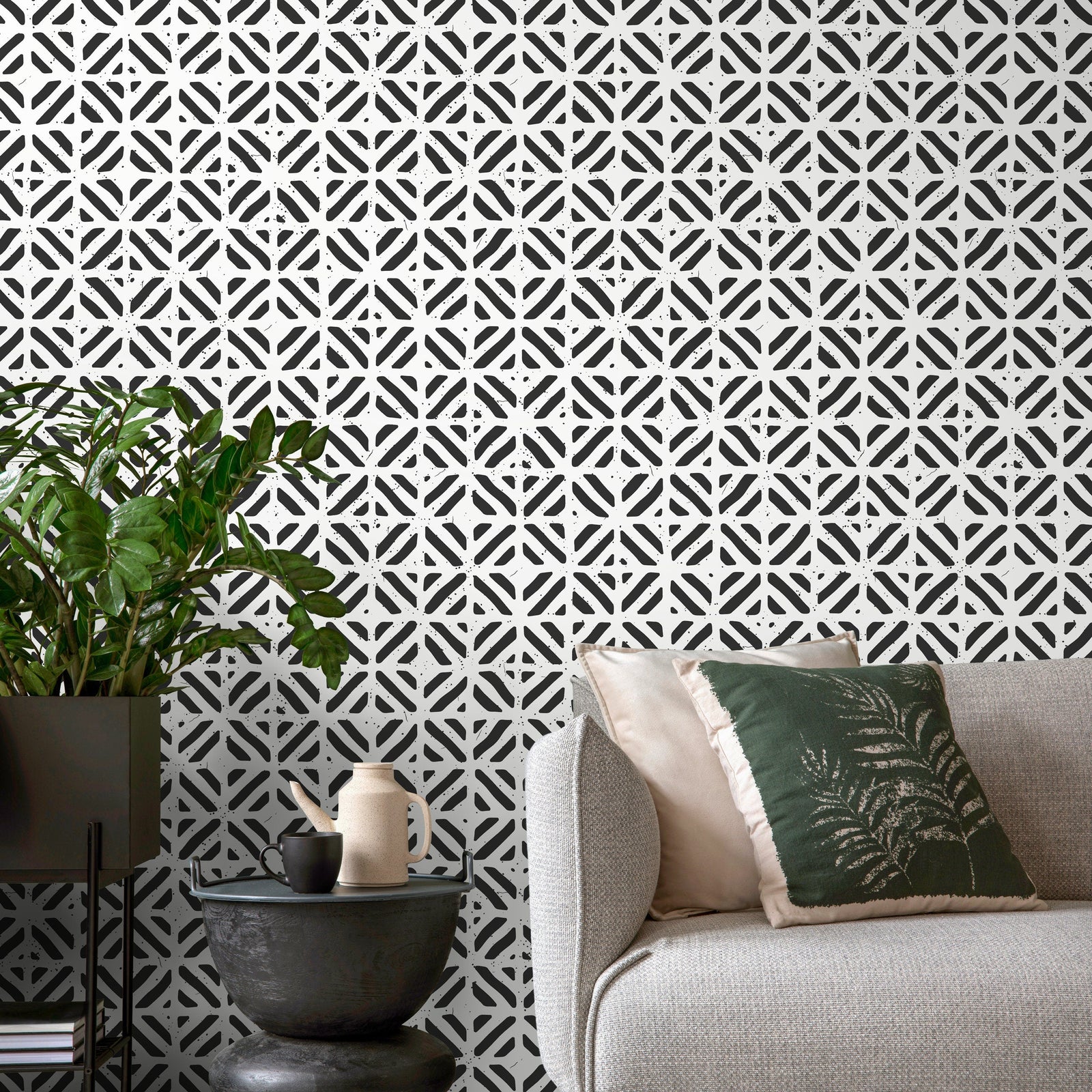 Geometric Wallpaper with a Stamped Crosshatch Motif in Black and White - A605